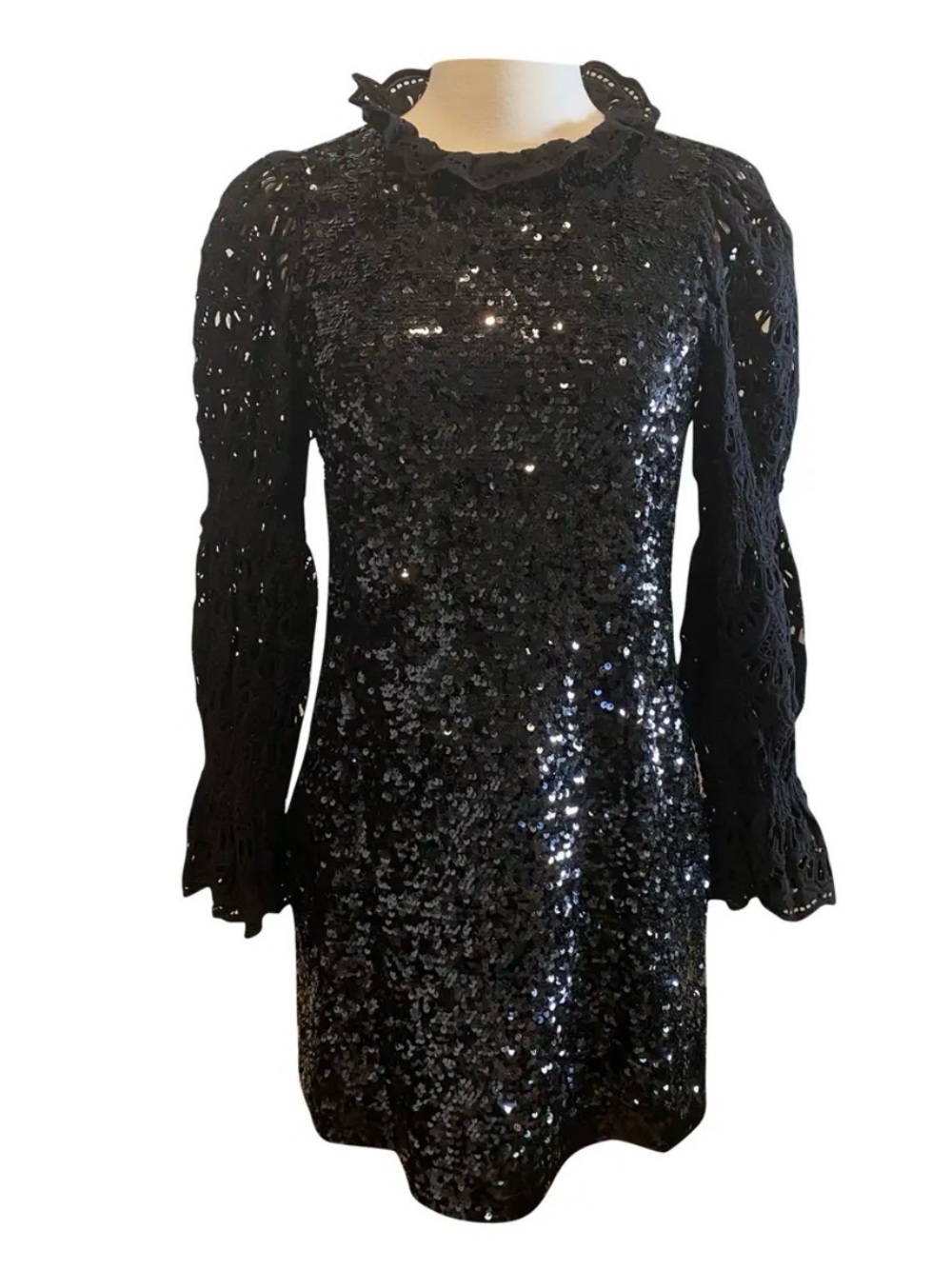 SEA New York Black Sequin Mini Dress Eyelet Lace Puff Sleeve NWT Size 8